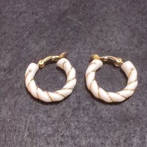 Elegant Gold and White Hoop Clip Earrings